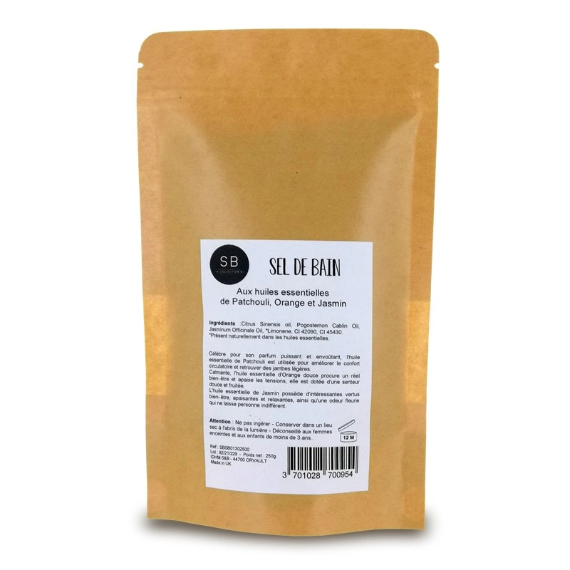Venta a profesionales de sales de baño violetas de 250 g: pachulí, naranja y jazmín
